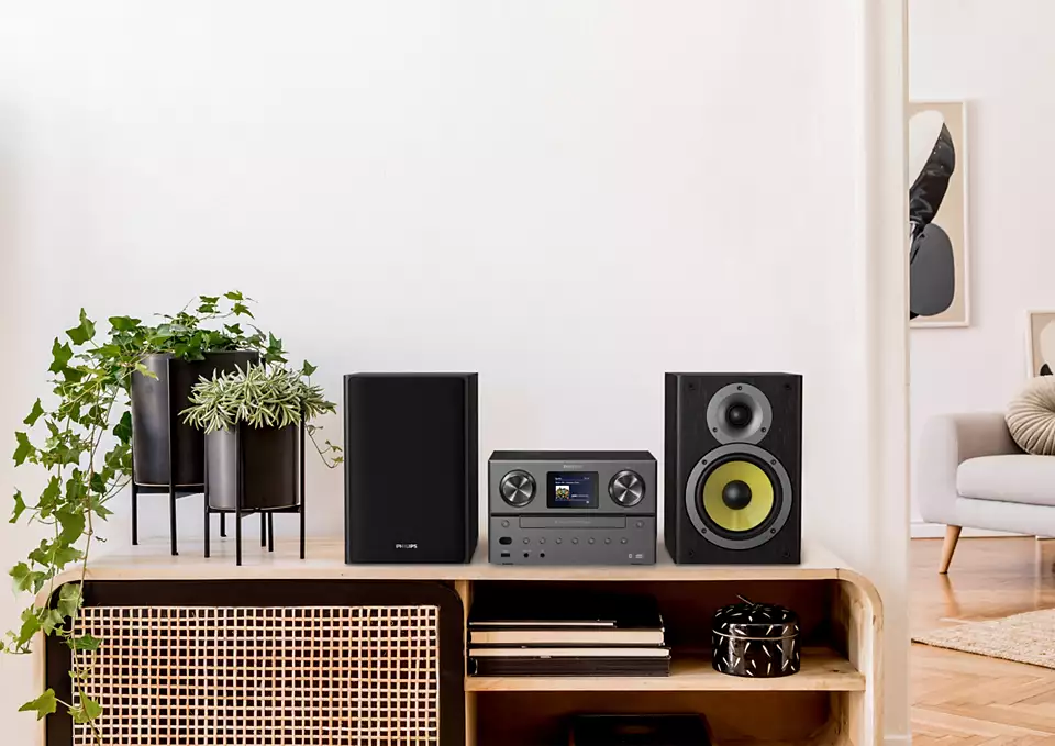 Impianto audio domestico: altoparlanti, amplificatore e piante su mobile in legno.