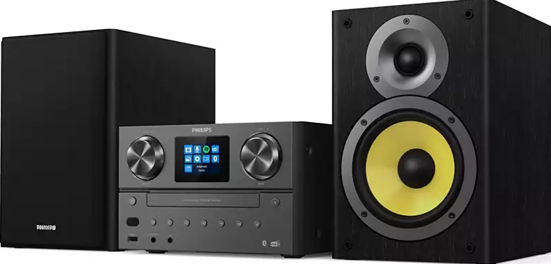 Impianto stereo nero con subwoofer, ricevitore e altoparlante con centro giallo.