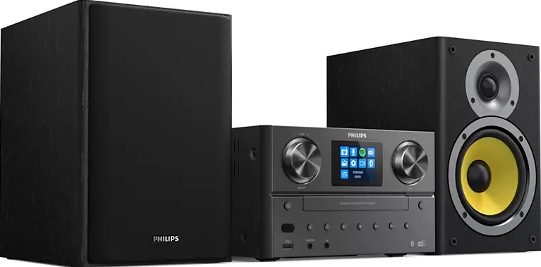 Impianto stereo Philips nero: altoparlanti, ricevitore e subwoofer su una superficie bianca.