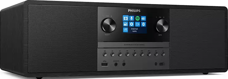 Un sistema micro musicale Philips nero. Ha uno schermo con icone, manopole del volume e altoparlanti su entrambi i lati.