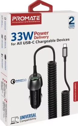 Un chargeur de voiture avec un câble USB-C. L'emballage indique "33W Power Delivery" et "Universal Compatibility".