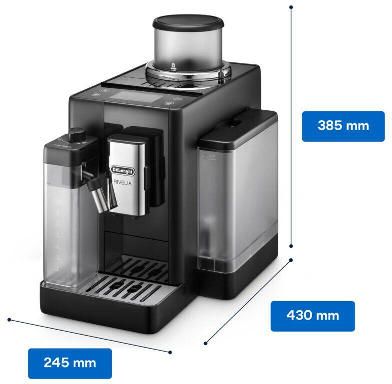 Schwarze De'Longhi Kaffeemaschine mit Wassertank, Mahlwerk und Abmessungen in blauen Kästchen.