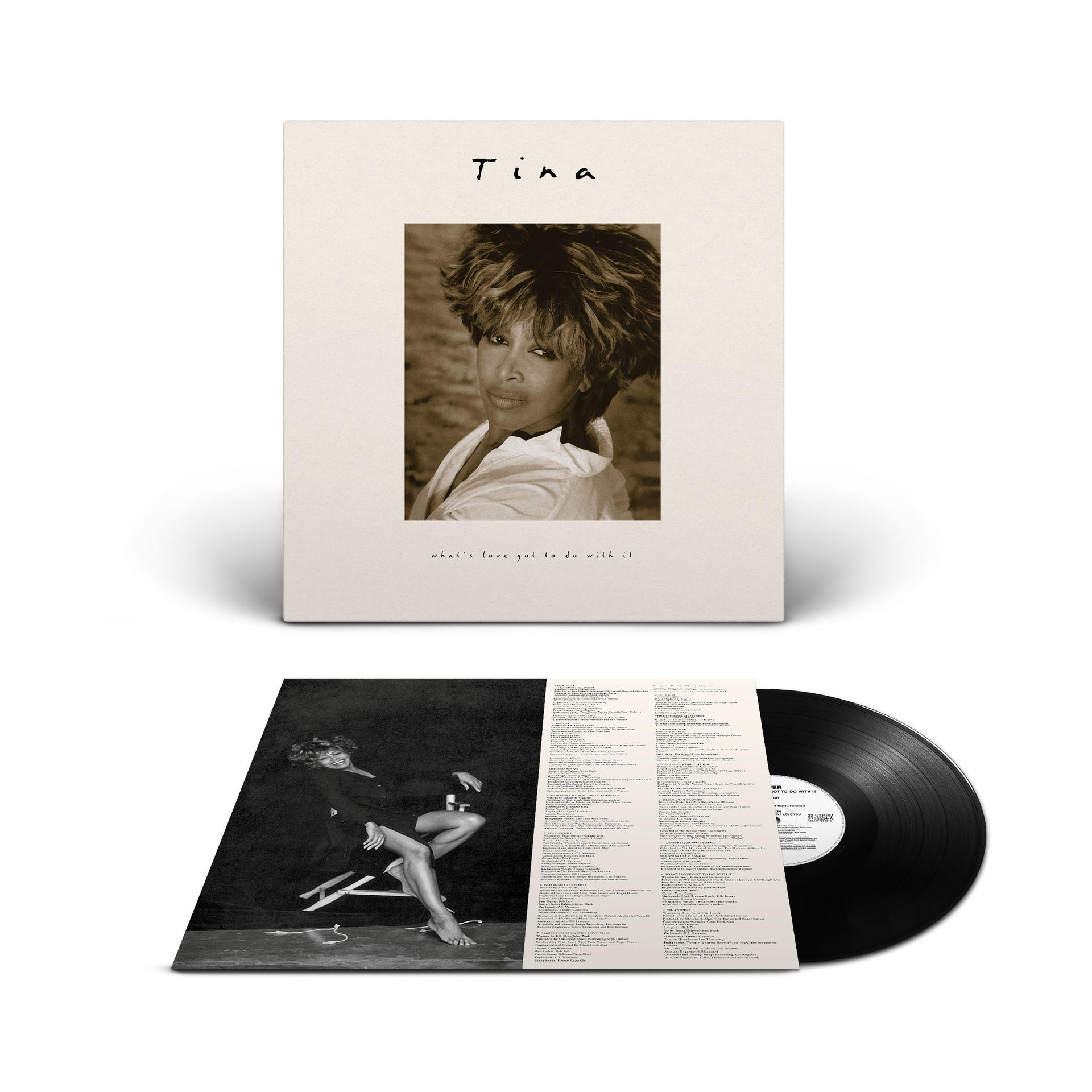 Tina Turner Albumcover mit einem sepiafarbenen Foto und dem Titel 'What's Love Got To Do With It'.