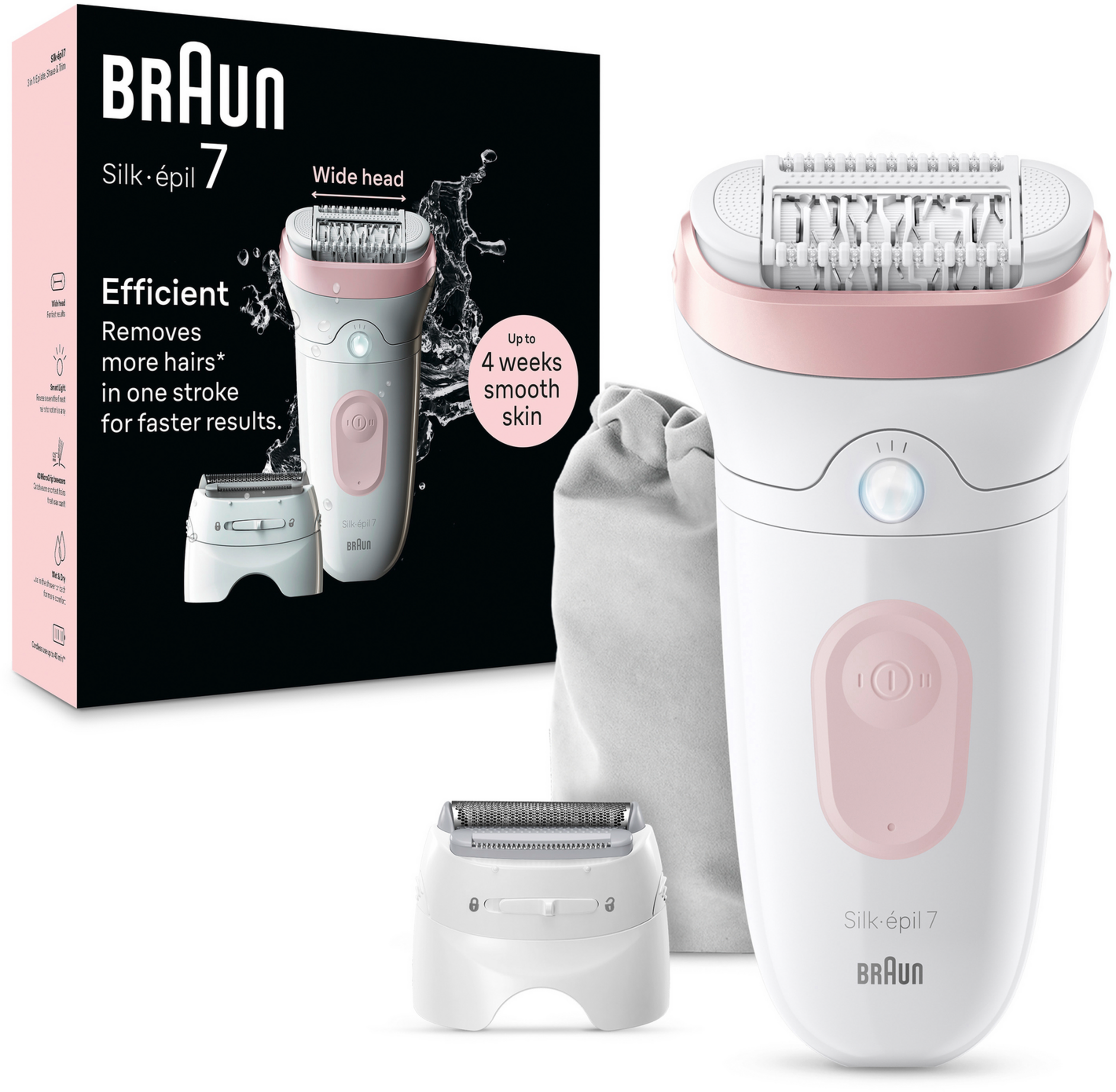 Braun Silk-épil 7 Epilierer mit Zubehör. Weiß-rosa Design, weißer Hintergrund.