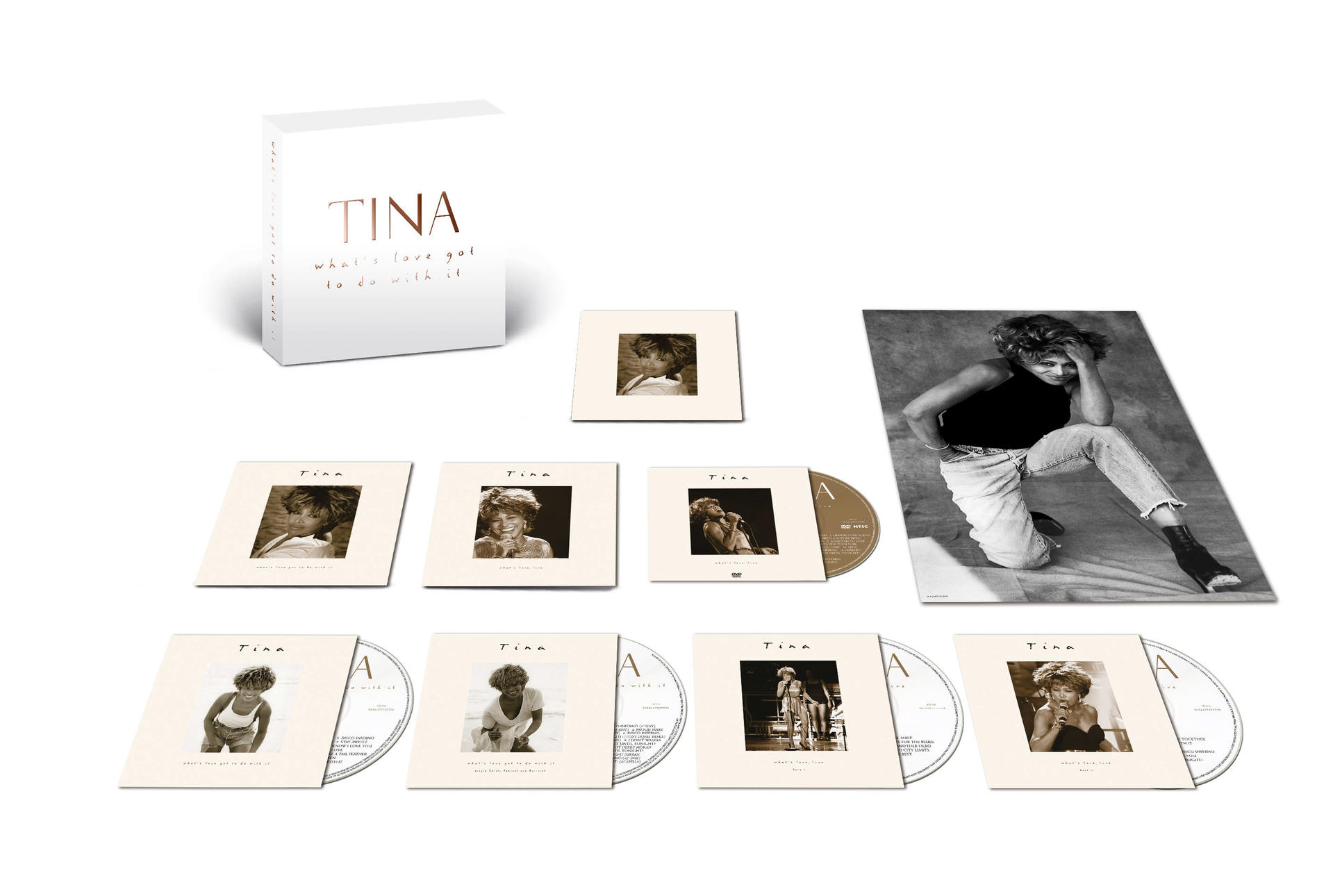 Tina Turners 'What's Love Got to Do with It' Album-Box-Set, mit Alben und CDs.