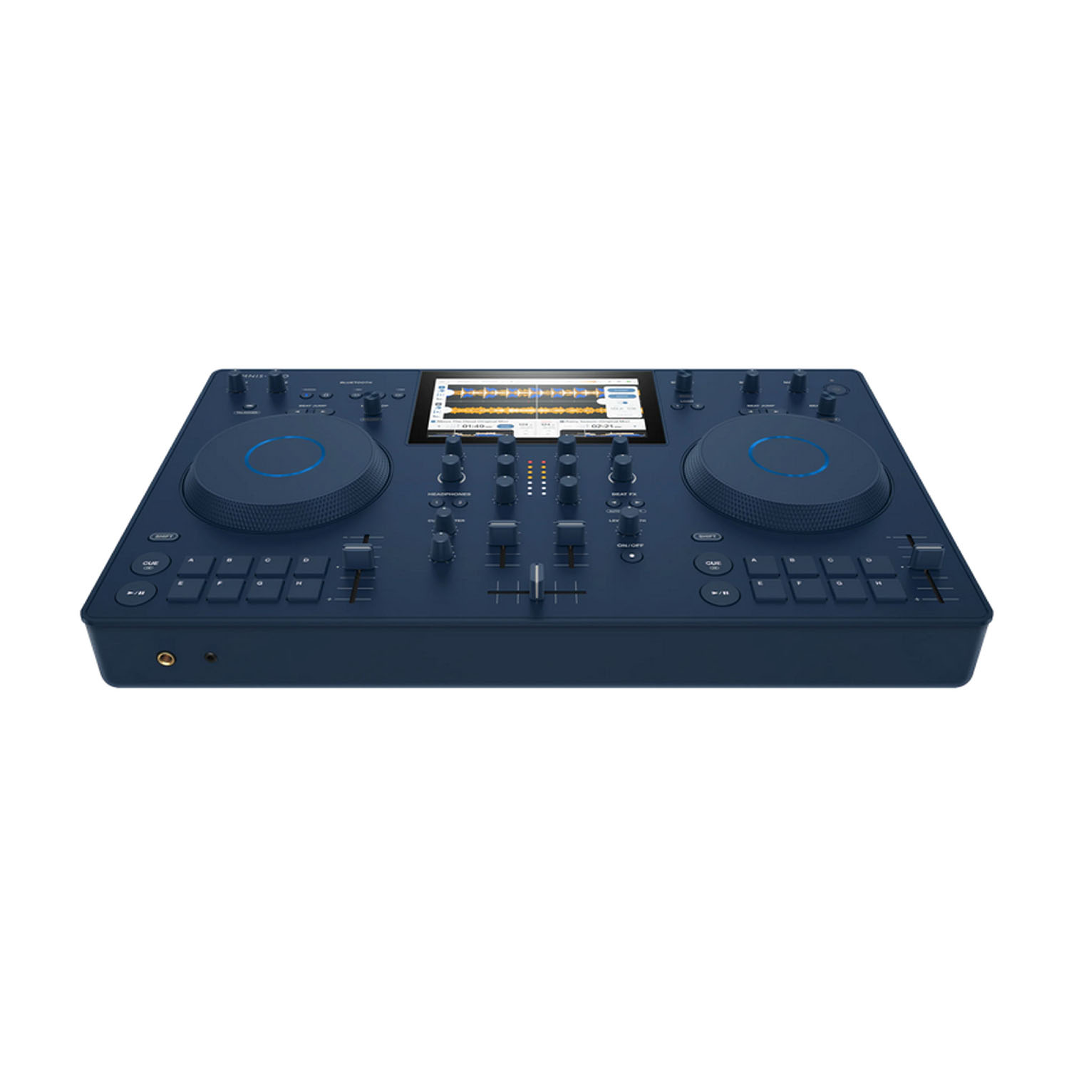 Controller DJ blu scuro con due jog wheel, schermo e pulsanti.