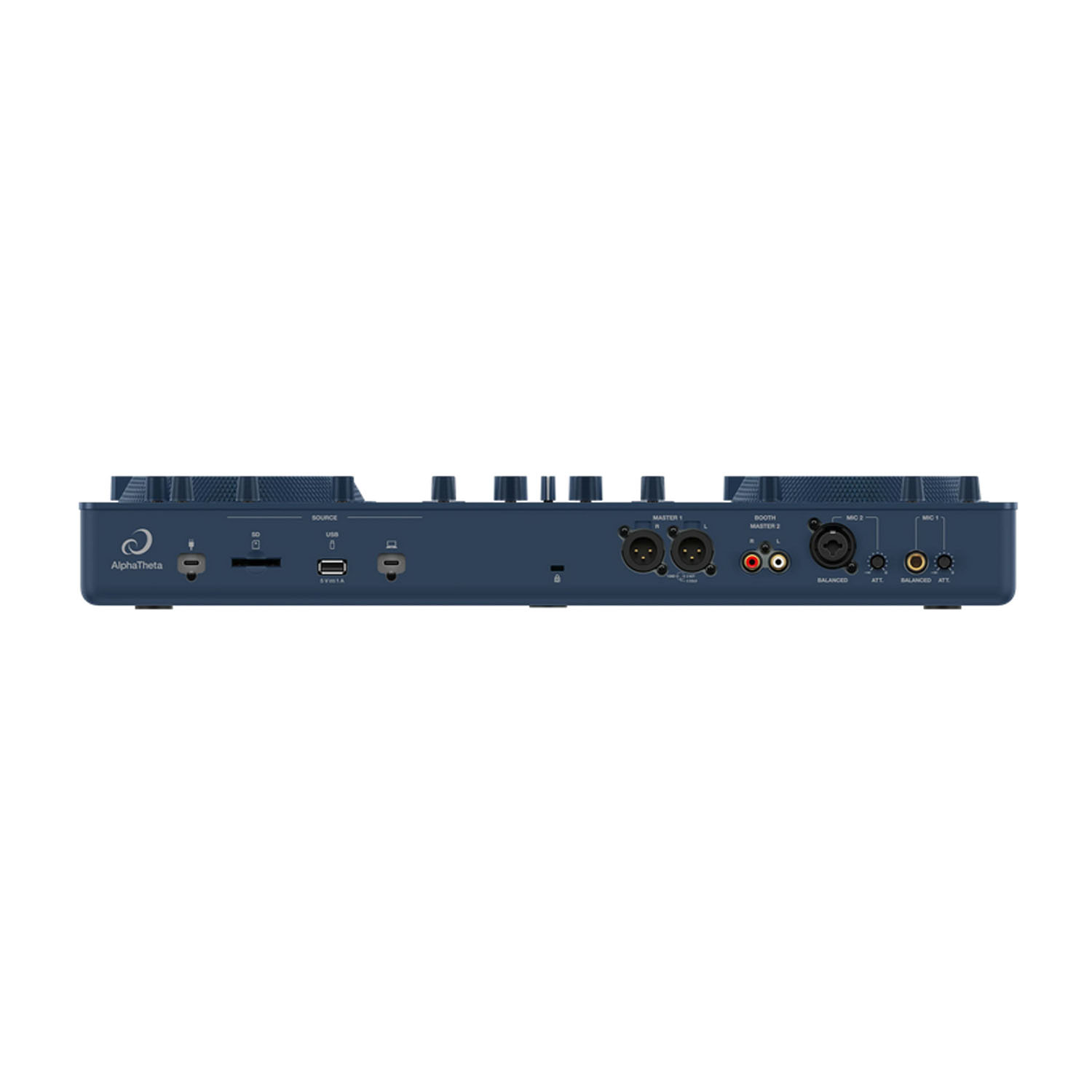 Un mixer per DJ blu scuro con vari ingressi e uscite, su sfondo bianco.