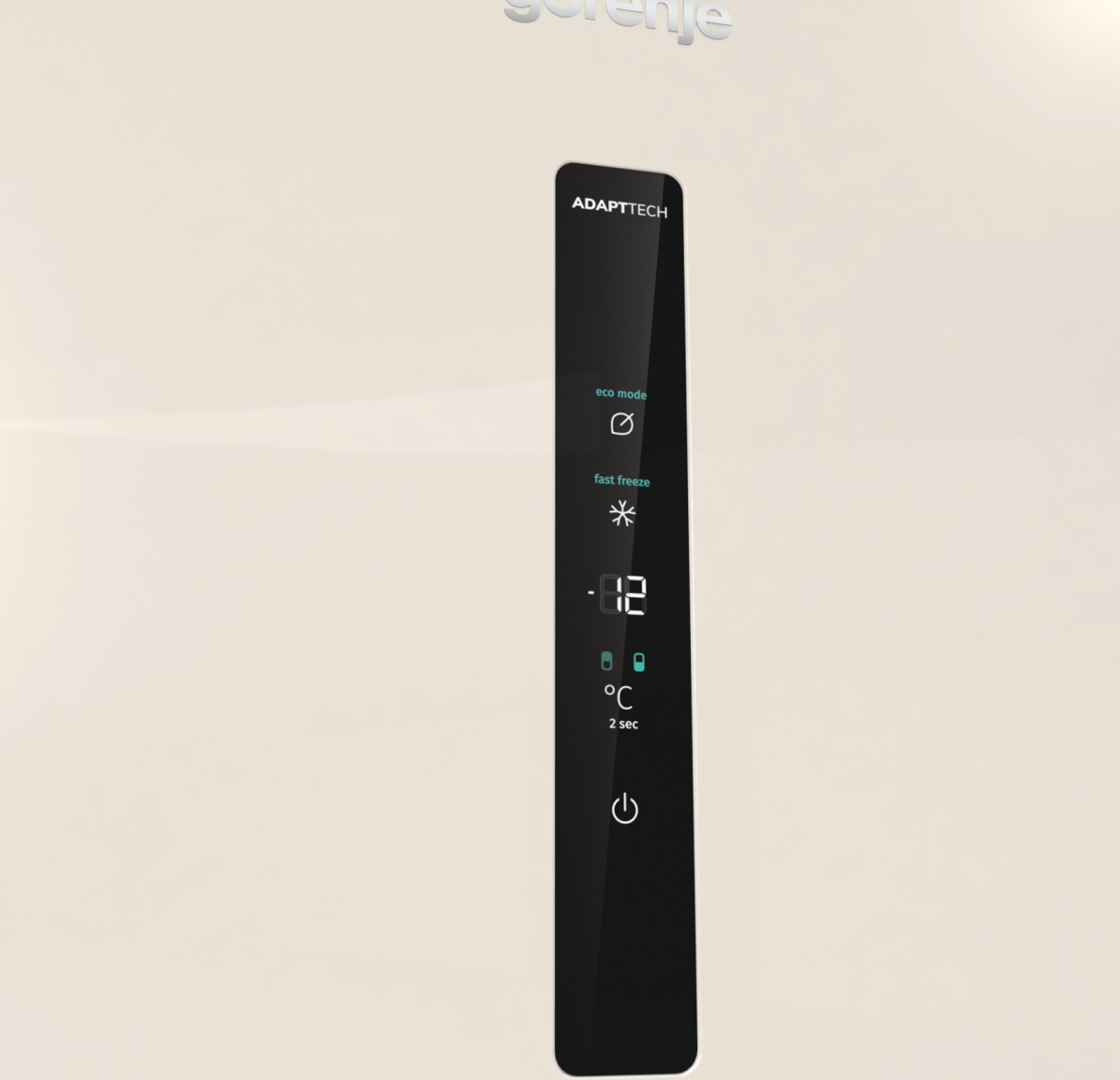 Közelkép egy hűtőszekrény ajtó vezérlőpaneljéről, digitális kijelzővel és gombokkal.