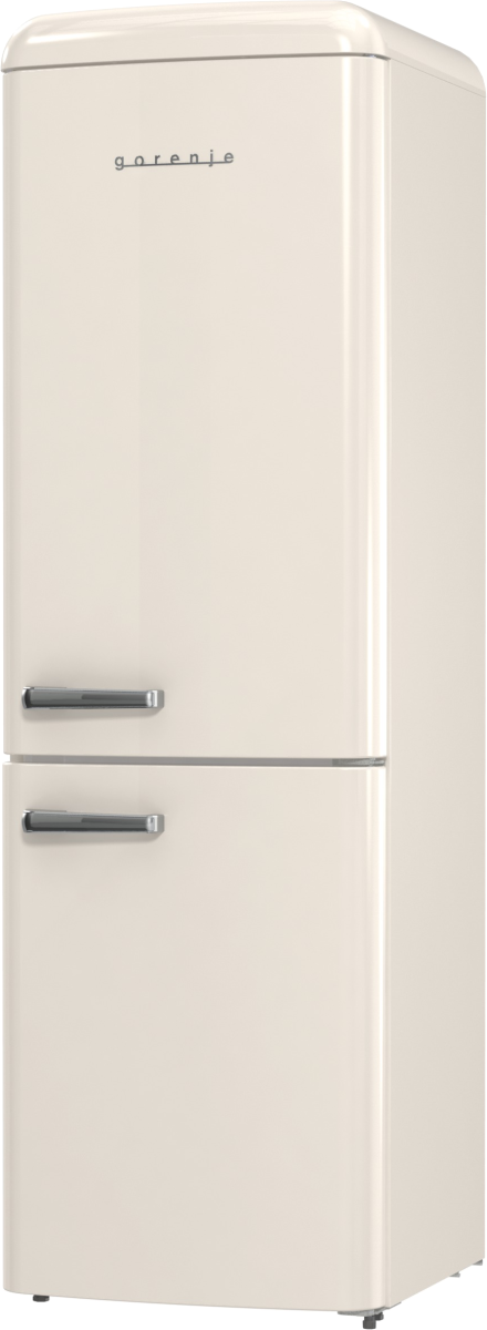 Krémszínű hűtőszekrény két ajtóval. A Gorenje márkanév látható.