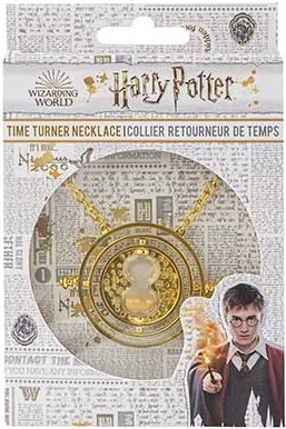 Harry Potter Zeitumkehrer-Halskette in einer Box. Die Halskette ist goldfarben, mit einer rotierenden Sanduhr.
