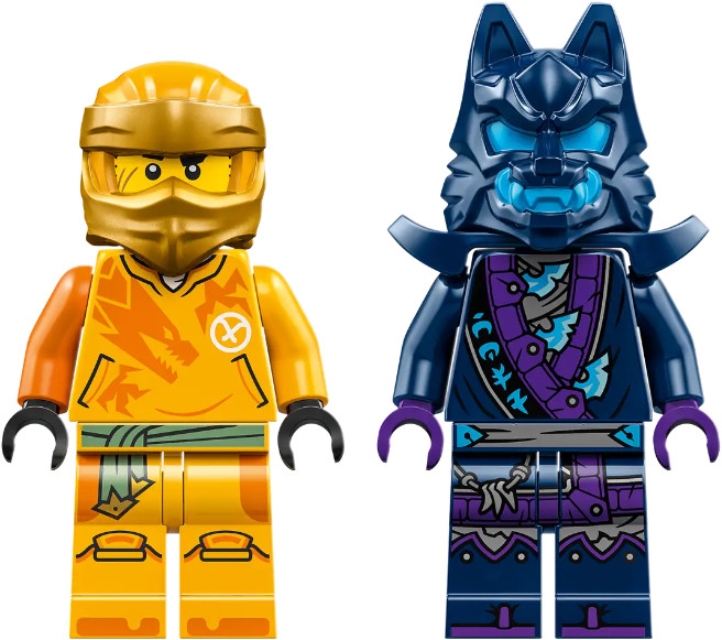 Dwie figurki Lego Ninjago: żółty Ninja i niebieska postać w masce wilka. Obie w kostiumach.