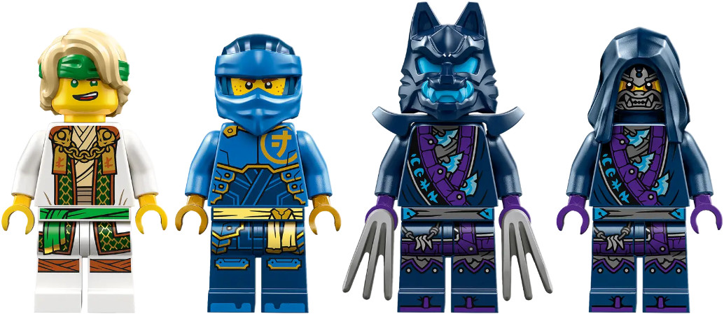 Cztery figurki Lego Ninjago. Jedna blondynka, jeden niebieski ninja, jeden w masce wilka, jeden w kapturze.