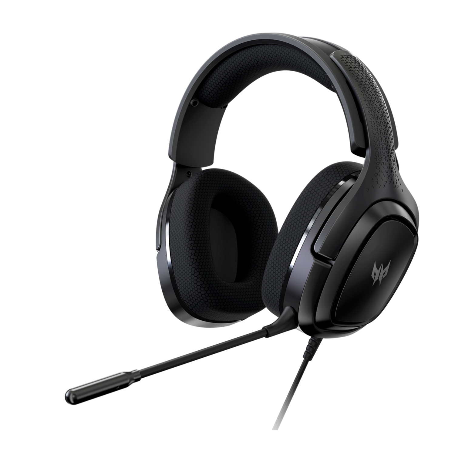 Cuffie da gioco nere con un microfono che si estende dal padiglione auricolare sinistro. L'auricolare è imbottito.