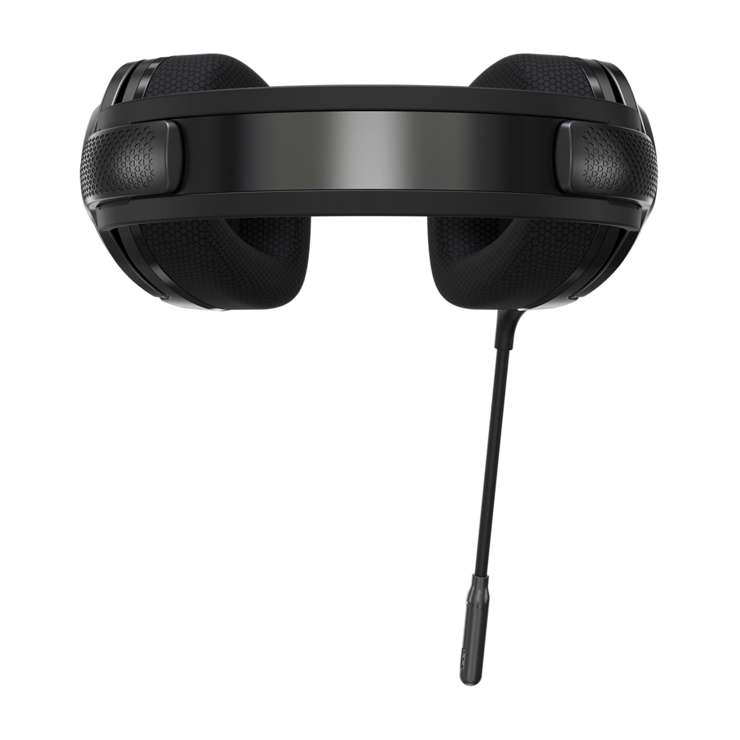 Cuffie da gaming nere, vista dall'alto, con microfono.