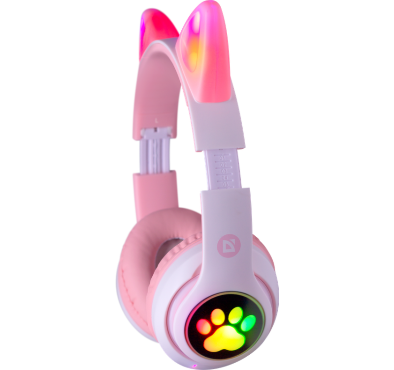 Różowe i białe słuchawki z kocimi uszami z zmieniającymi kolory światłami na uszach i nausznicach.
