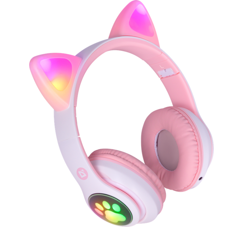 Różowo-białe słuchawki z uszami kota z diodami LED na uszach i nausznikach.