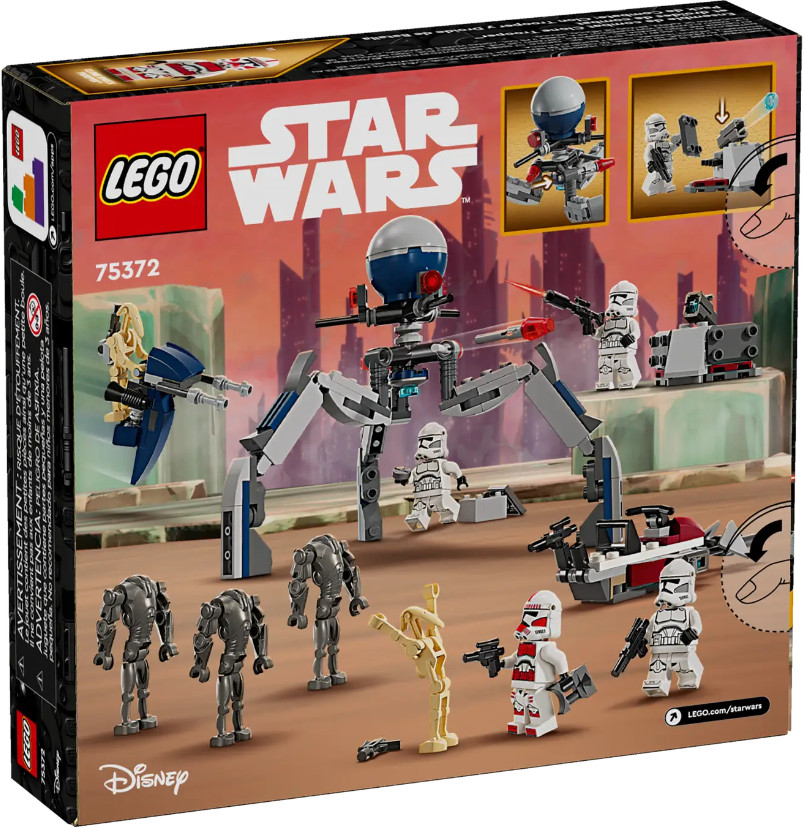 Pudełko LEGO Star Wars z figurkami Lego i pojazdem przypominającym pająka. Zawiera inne pojazdy Lego.