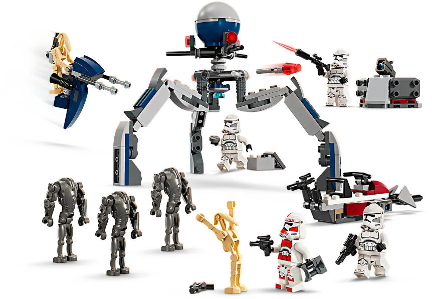 Zestaw Lego Star Wars z figurkami, w tym dużym droidem pająkiem i klonowymi żołnierzami.