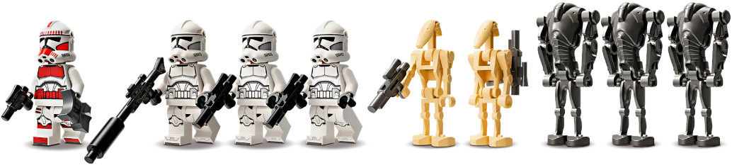 Figurki LEGO Star Wars: czerwono-biały żołnierz-klon, inni biali i droidy bojowe.