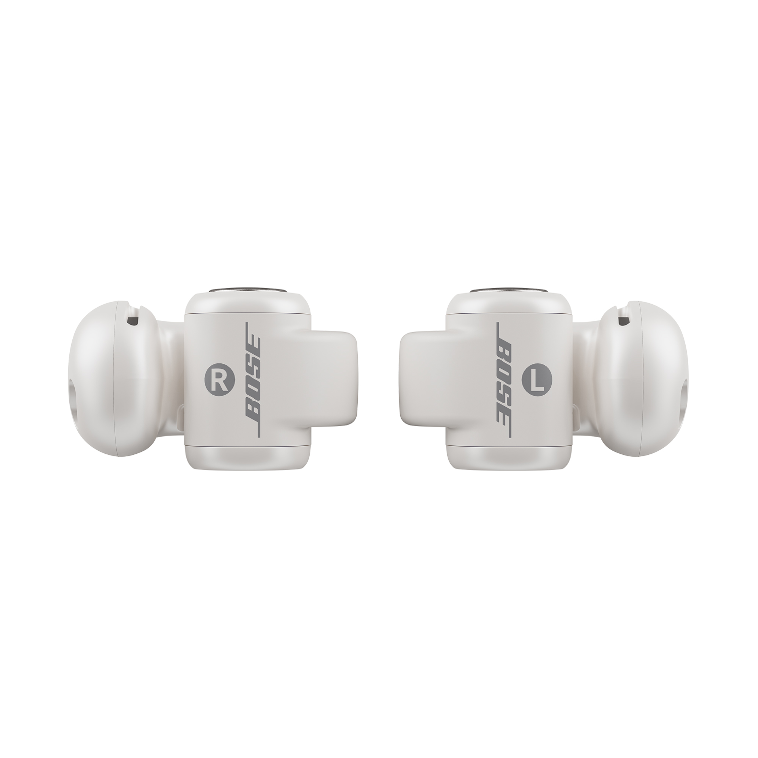 Pair of white Bose earbuds. Each earbud has a Bose logo and a marked side (L/R).