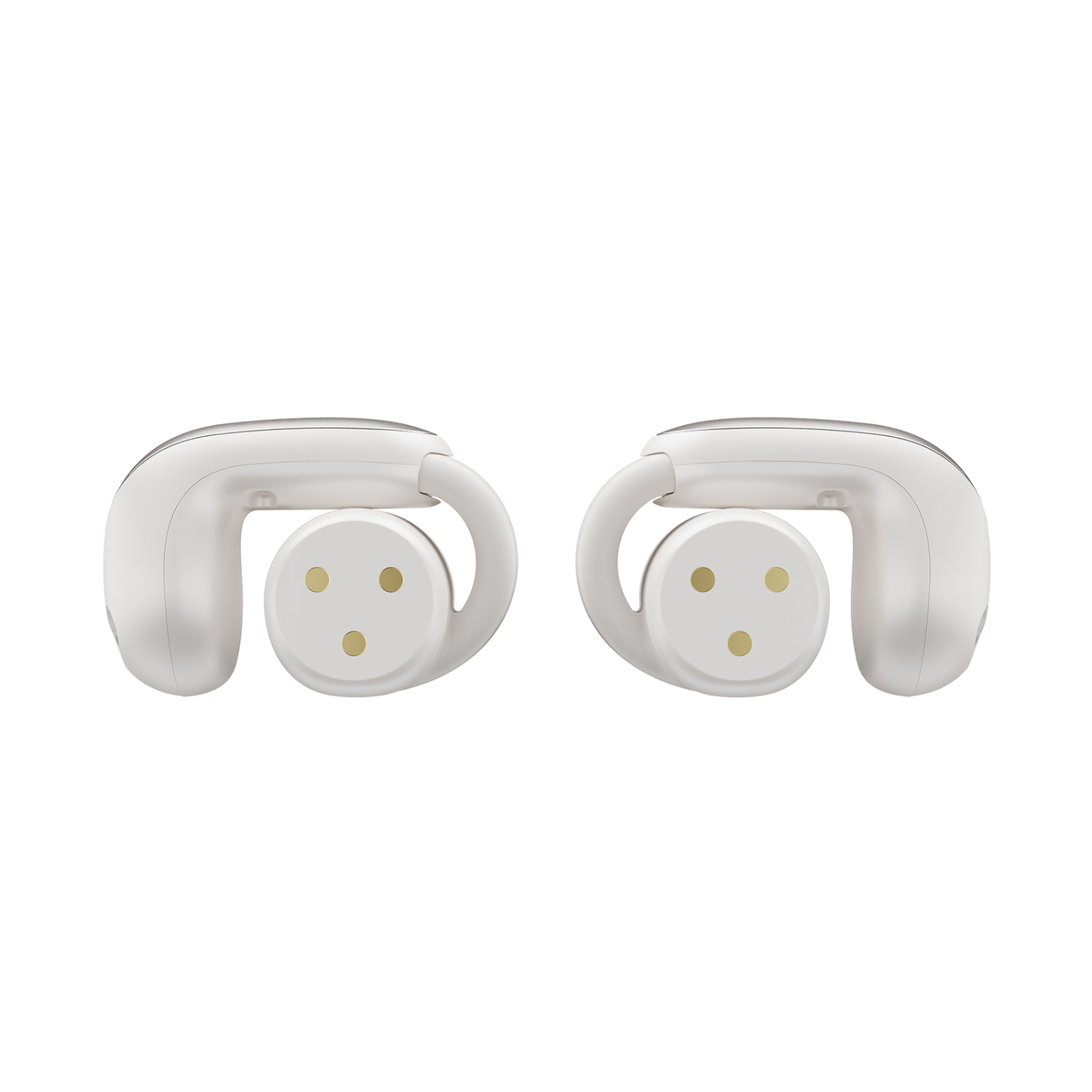 Two white earbuds with a curved design, facing opposite directions, on a white background.