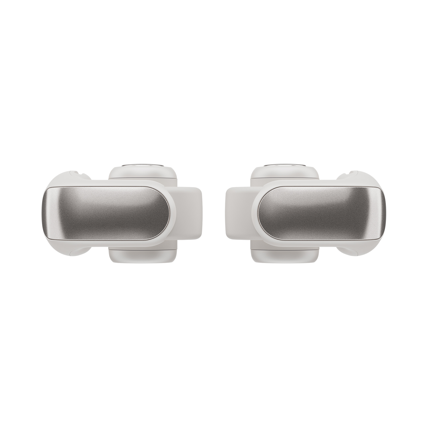 Two white, silver-topped, wireless earbuds. The earbuds are arranged side by side.