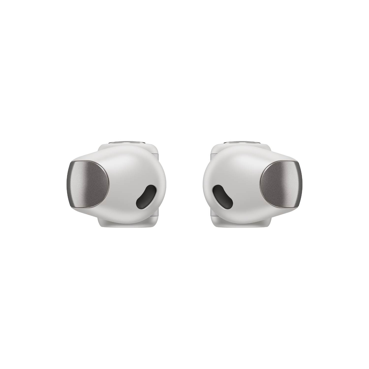 Two white wireless earbuds with silver accents on a white background.