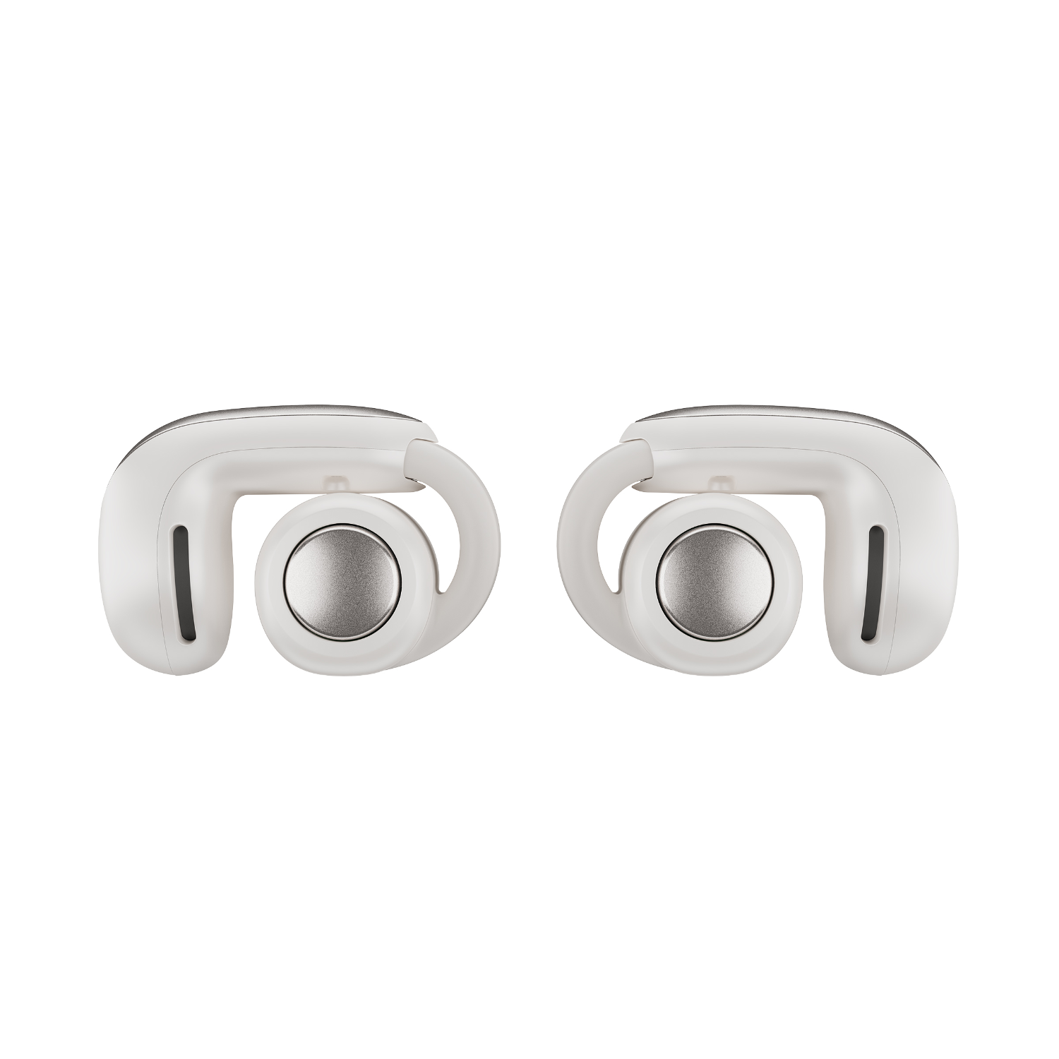 White, silver, and black sport headphones, isolated on a white background.