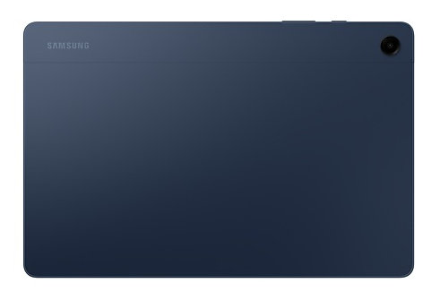 Widok z tyłu ciemnoniebieskiego tabletu z aparatem i logo Samsung.
