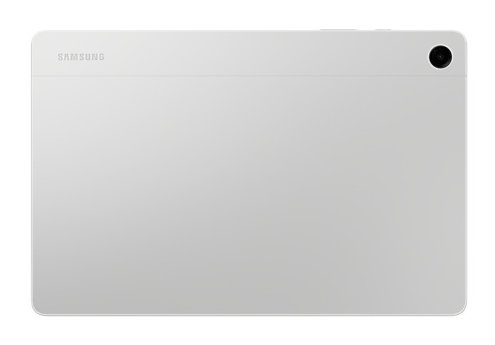 Biały tablet, logo Samsung, pojedynczy obiektyw aparatu. Czysty, minimalistyczny design.