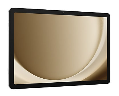 Tablet z czarną ramką i ekranem z abstrakcyjnymi złotymi i białymi kształtami.
