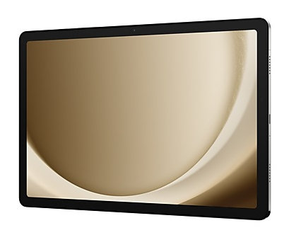 Tablet z czarną ramką i ekranem z abstrakcyjnymi złotymi i białymi kształtami.