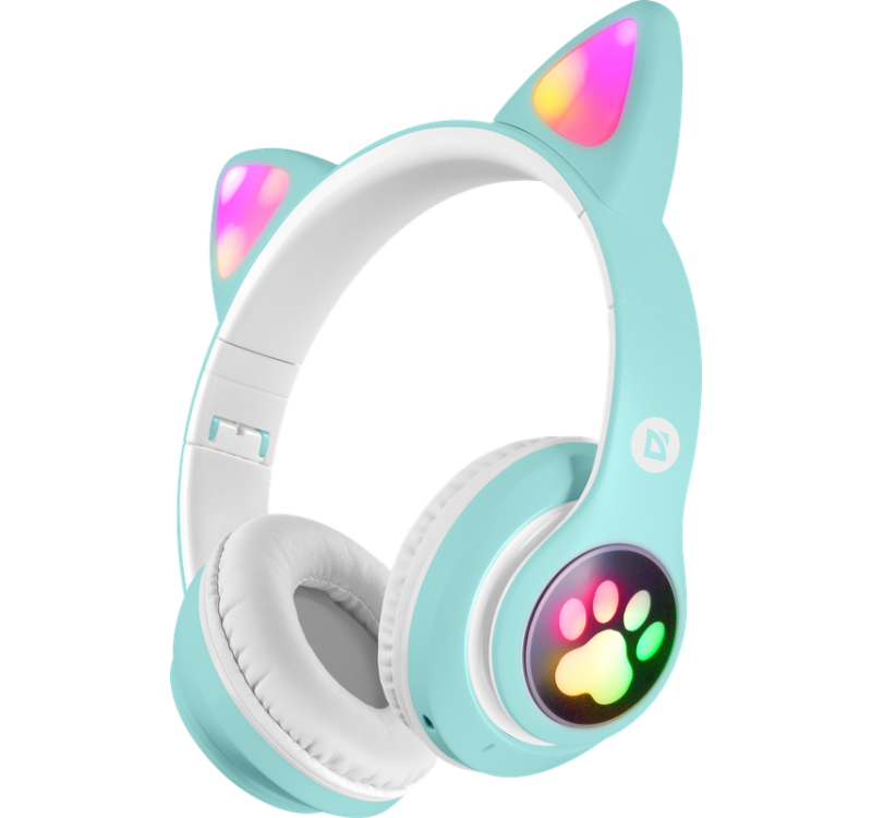 Niebieskie słuchawki z kocimi uszami, kolorowymi światłami w łapki i białą opaską.