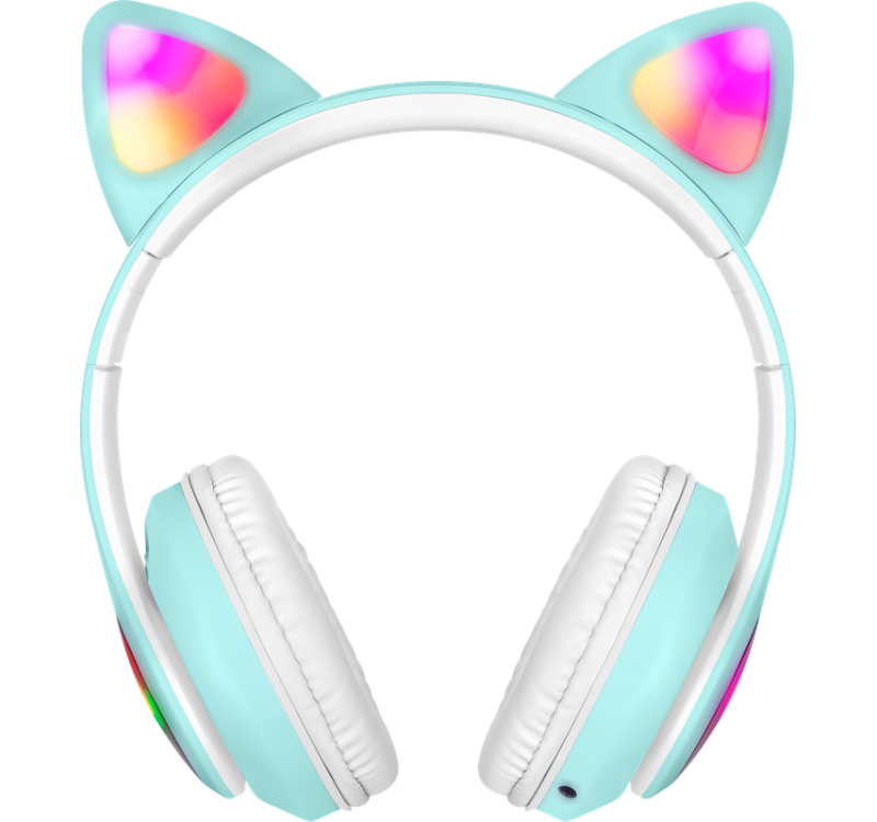 Niebieskie słuchawki z kocimi uszami z wielokolorowymi światłami.