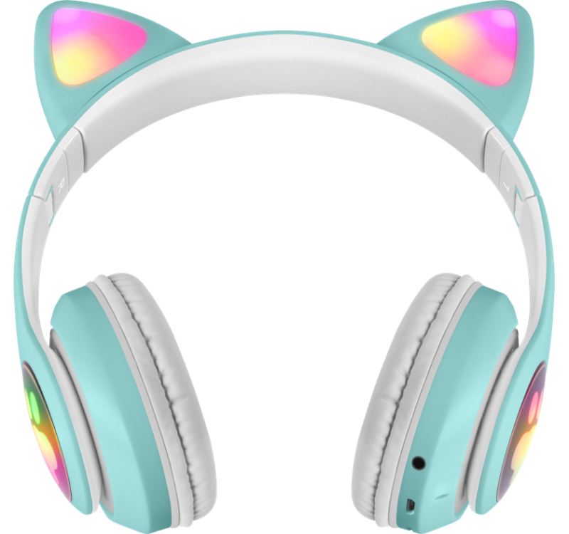 Niebieskie słuchawki z uszami kota z kolorowymi światłami na uszach i nausznicach.
