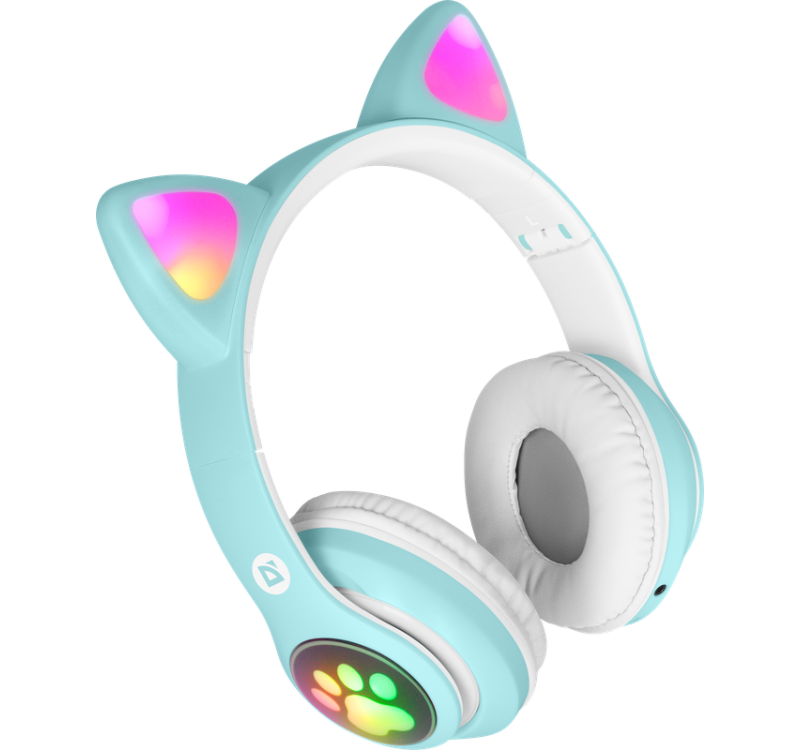 Jasnoniebieskie słuchawki z kocimi uszami i świecącymi uszami. Muszle są białe.