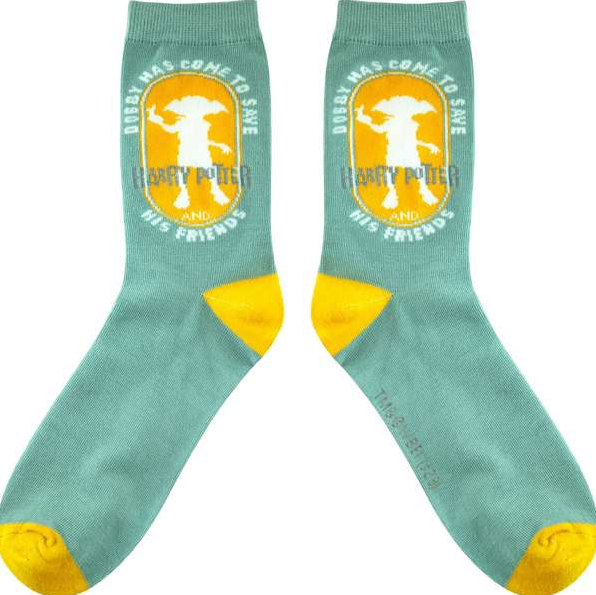 Deux chaussettes Harry Potter avec Dobby et texte. Bleu et jaune.
