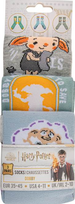 Trois paires de chaussettes Harry Potter dans un emballage, dont Dobby.