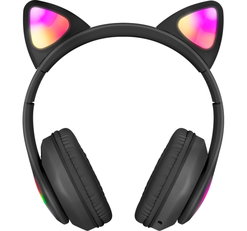 Czarne słuchawki z kocimi uszami i kolorowymi świecącymi światłami na ciemnym tle.