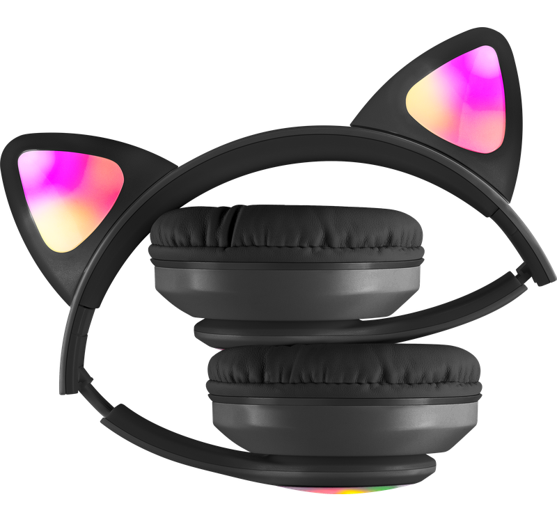 Czarne słuchawki z kocimi uszami z kolorowymi światłami w uszach i na muszlach.