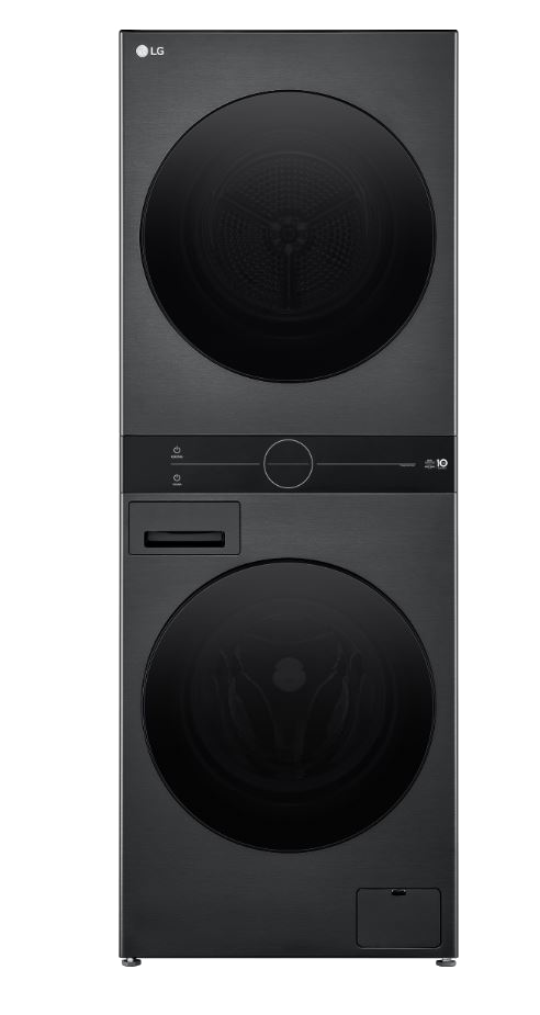 Ortada bir kontrol paneli olan siyah bir LG üst üste çamaşır makinesi ve kurutucu ünitesi.