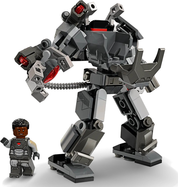 LEGO Rhino mech z minifigurką. Mech jest szary i czarny. Minifigurka macha.