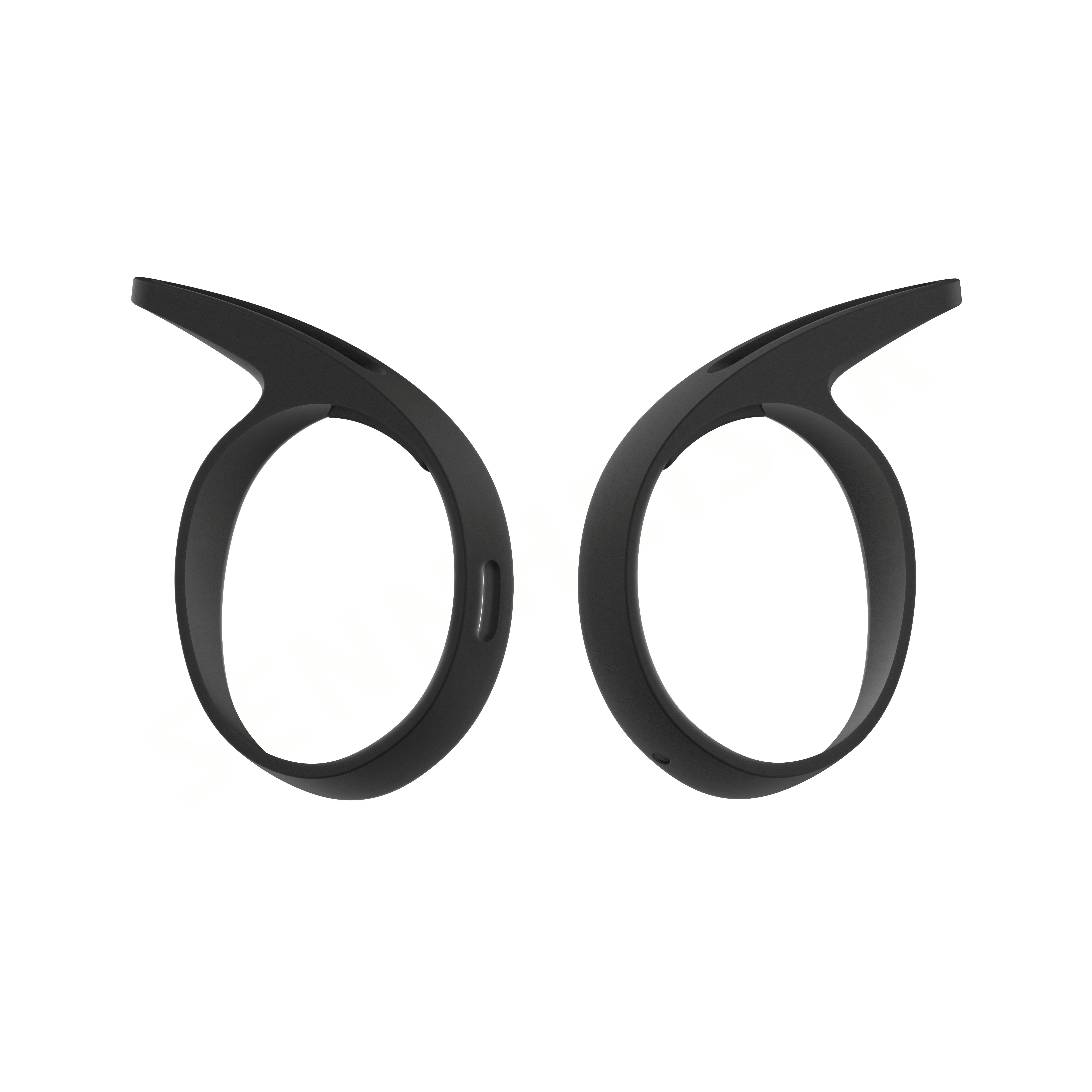 Zwei schwarze Ohrhörer-Ohrstücke, gebogene Form, vor weißem Hintergrund.