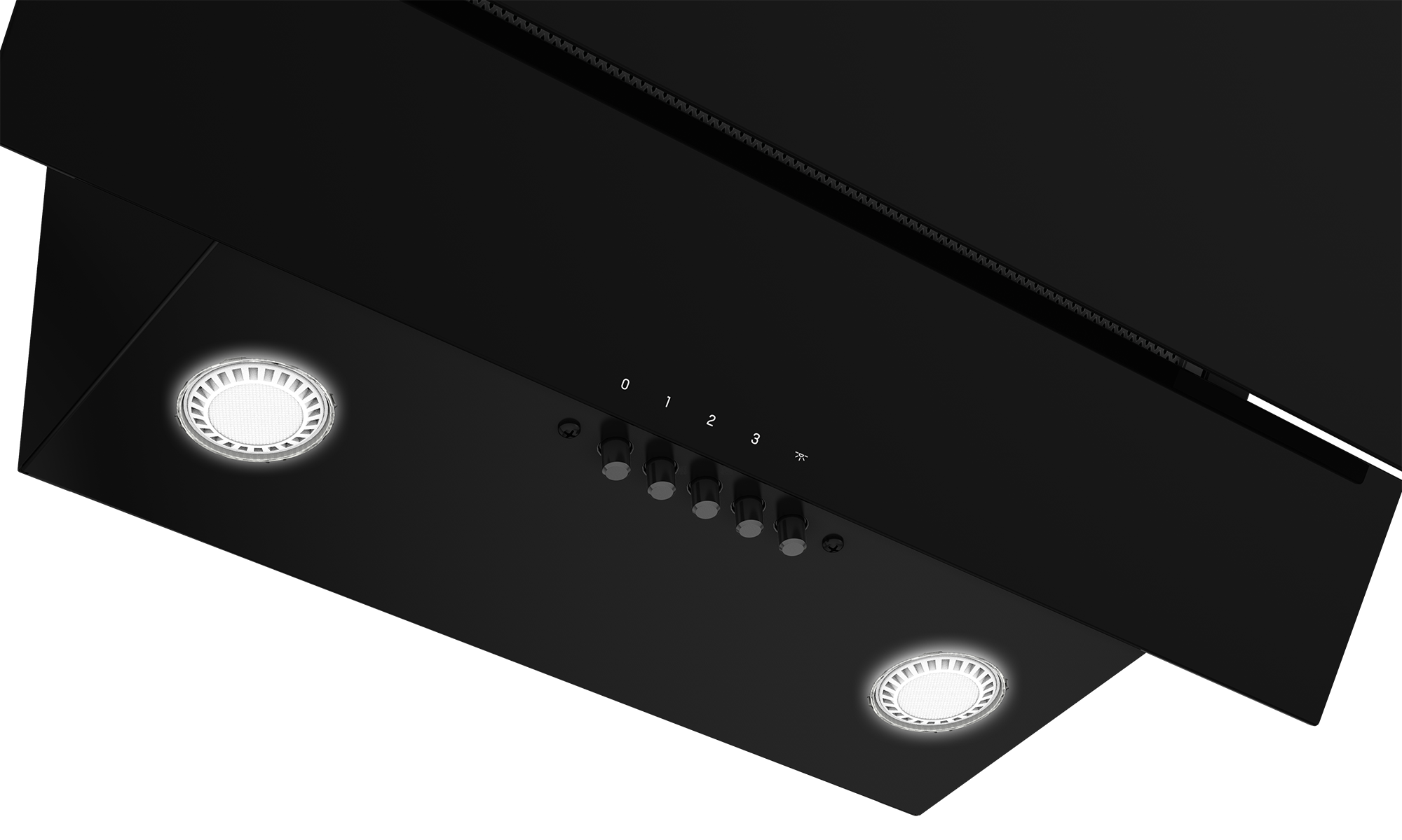 Eine schwarze Dunstabzugshaube mit zwei Lichtern und Bedienelementen.