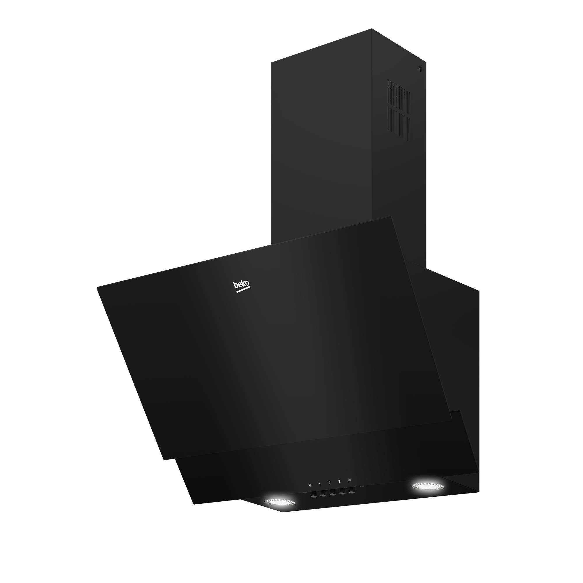 Schwarze Küchen-Dunstabzugshaube. Beko-Logo. Lichter und Bedienelemente unten.