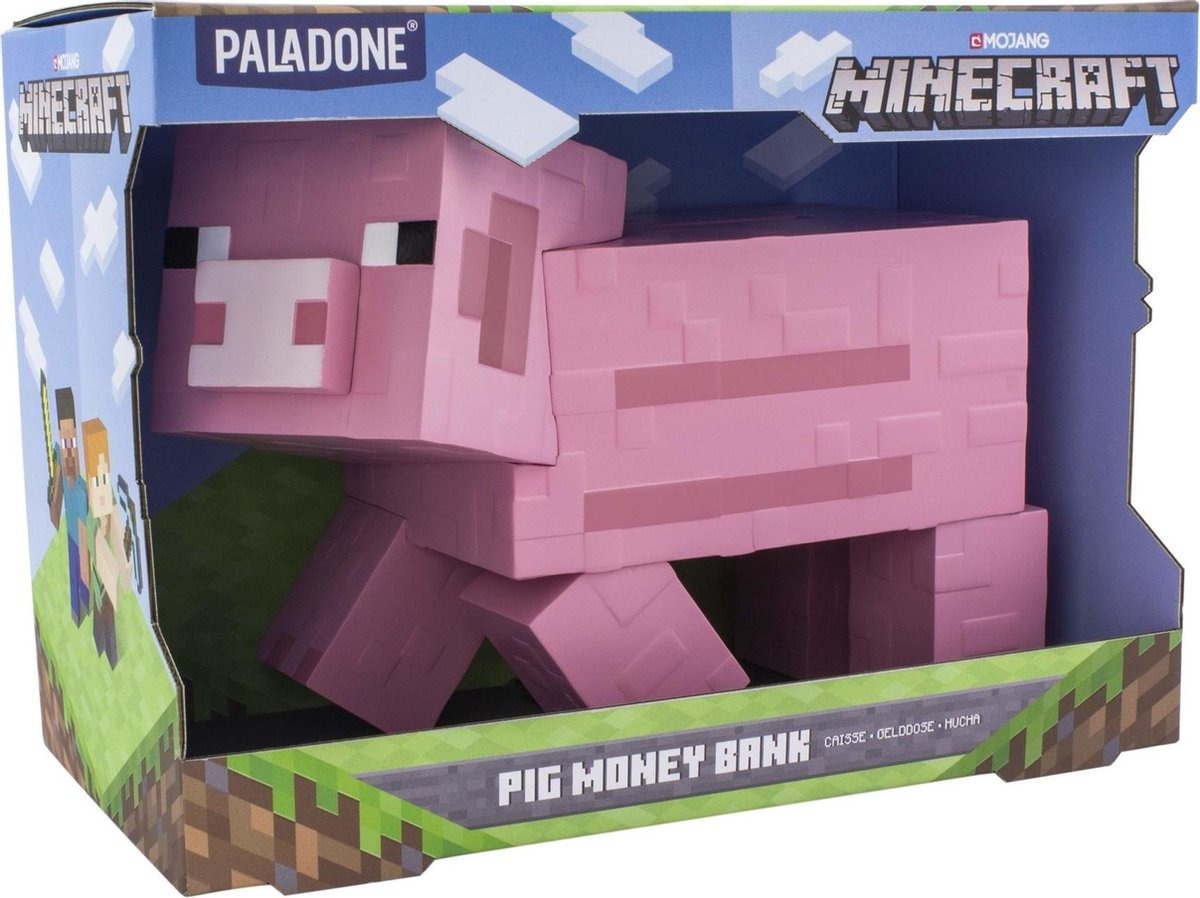 Large pink Minecraft pig money bank in a cardboard box.