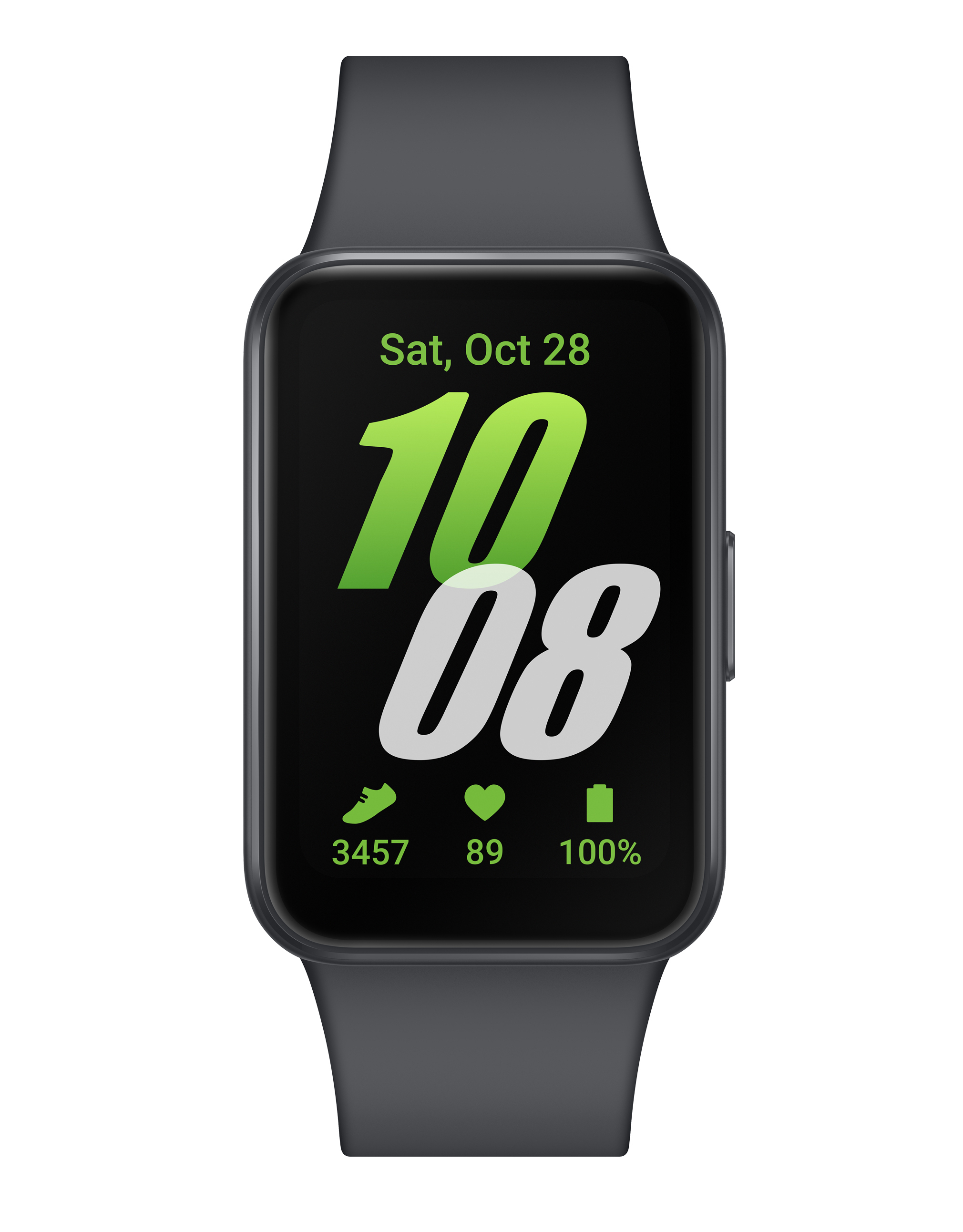 Smartwatch z czarnym paskiem, wyświetlający datę i godzinę oraz wskaźniki aktywności.