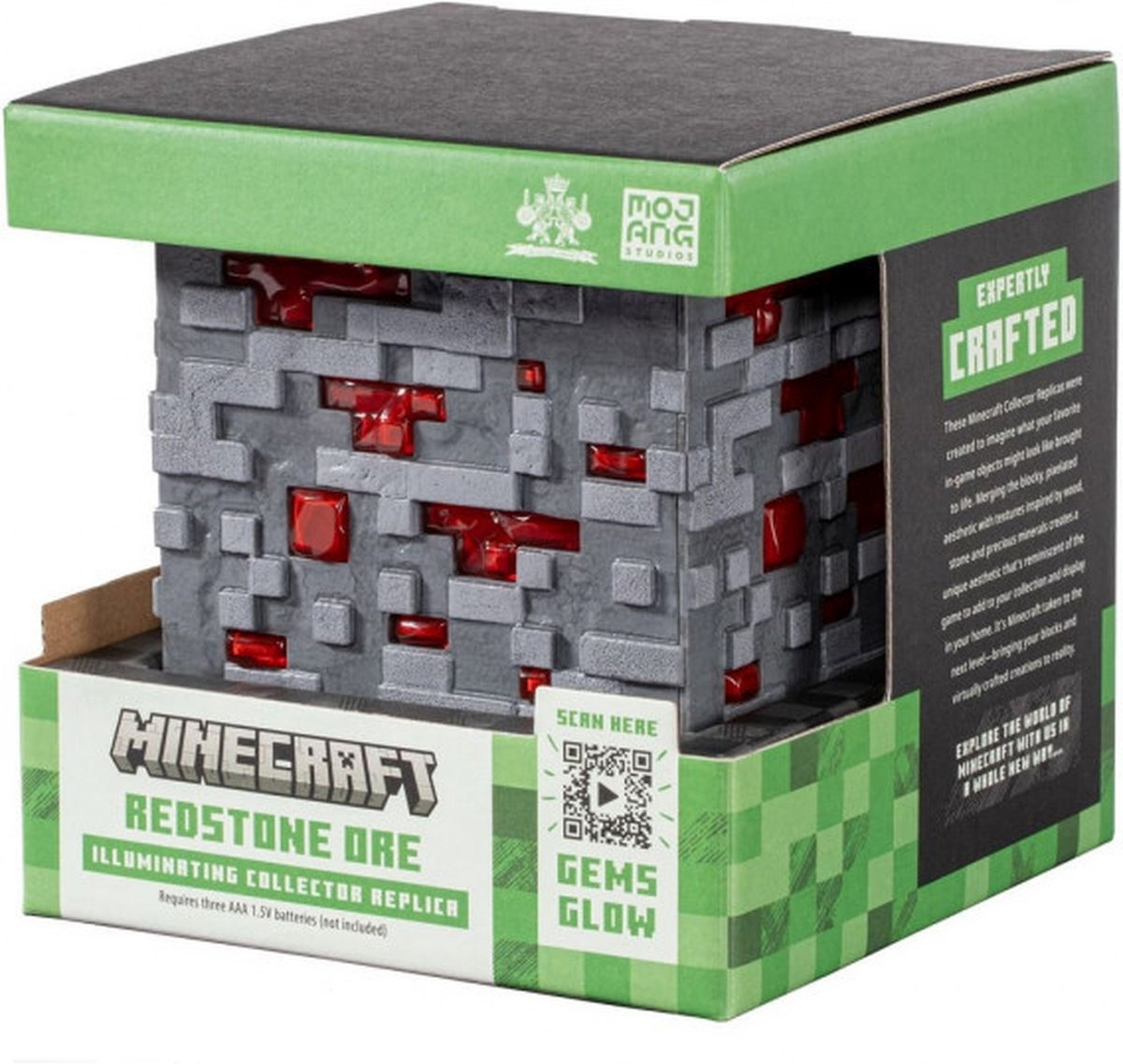 Minecraft Redstone Ore collector replica box, with a green top and text.