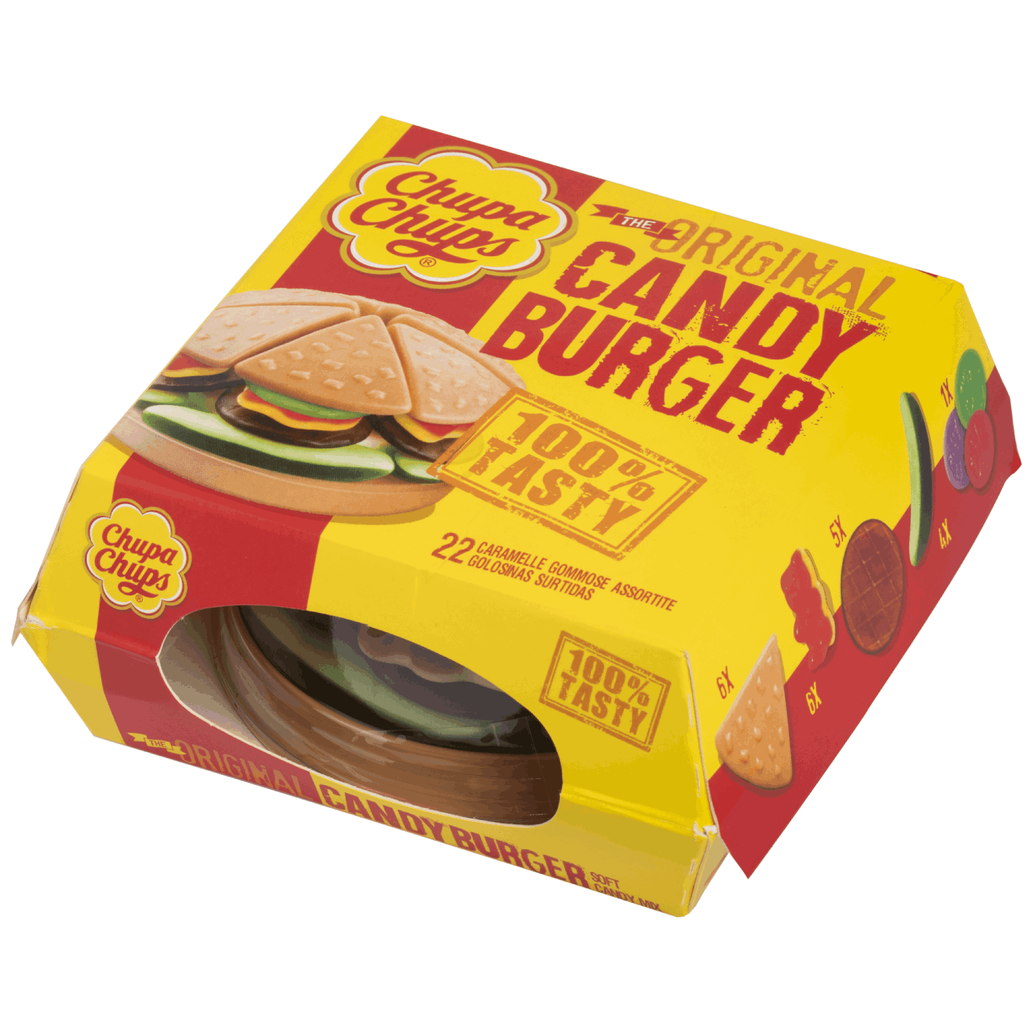 Caja de hamburguesas de caramelo, amarilla y roja, con imagen.