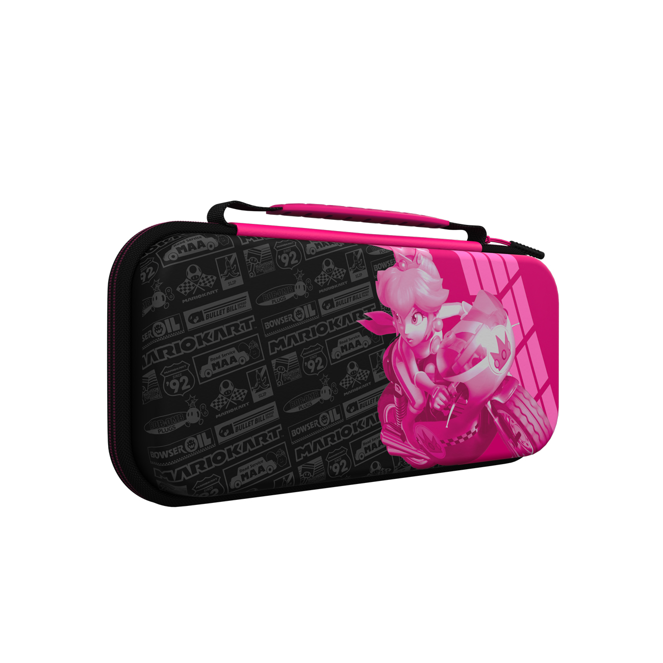 Rosa-schwarzes Mario Kart-Etui mit einem Bild von Prinzessin Peach auf einem Motorrad.